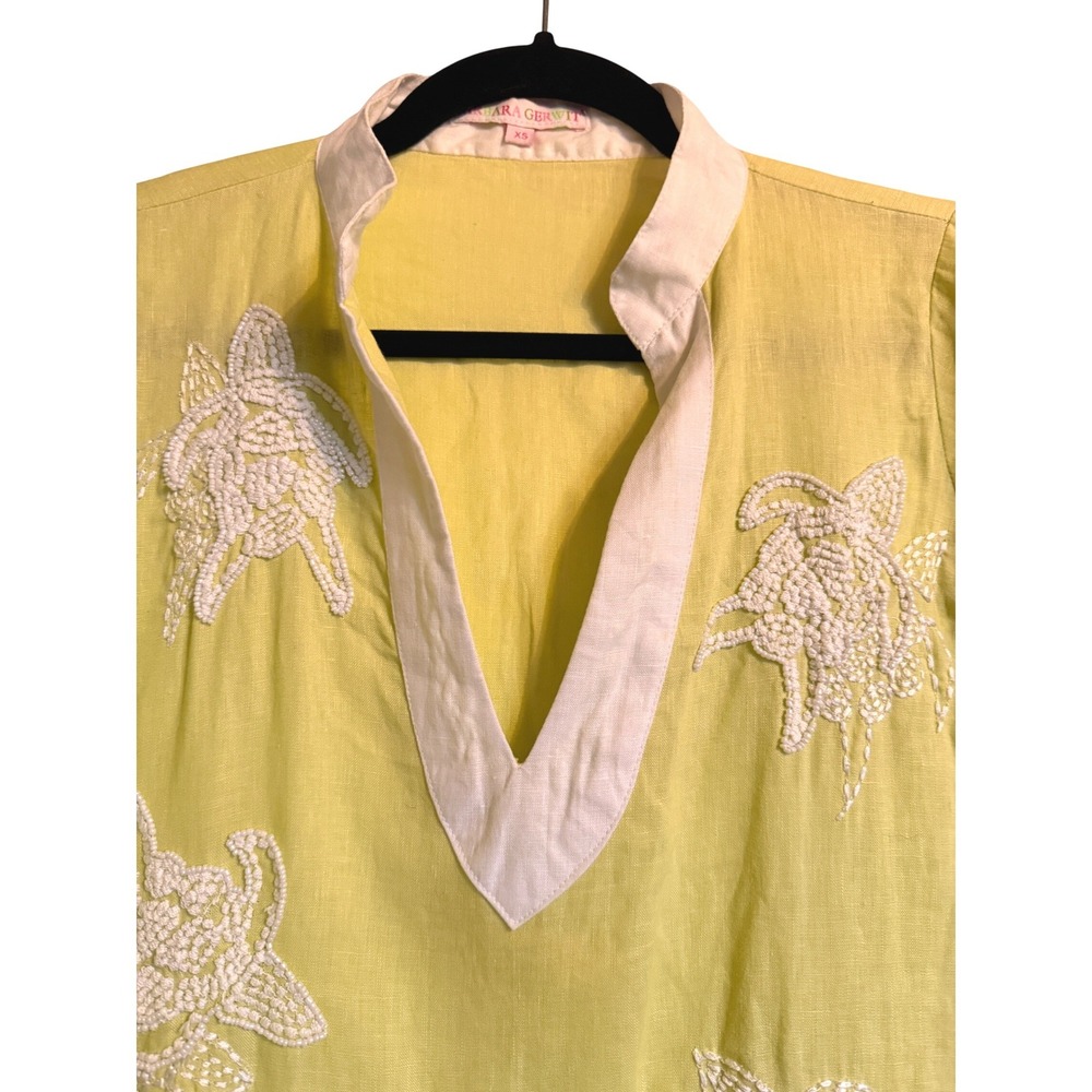 Lagen Look Coastal Barbara Gerwit‎ XS Yellow Linen Beaded Sea Turtle Tunic Top